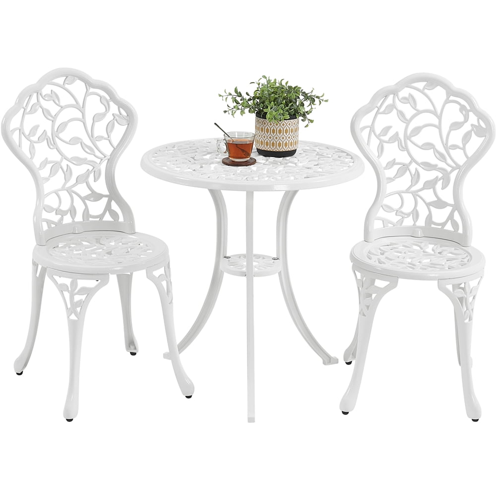White Cast Aluminum Floral Bistro Set with Iron Legs