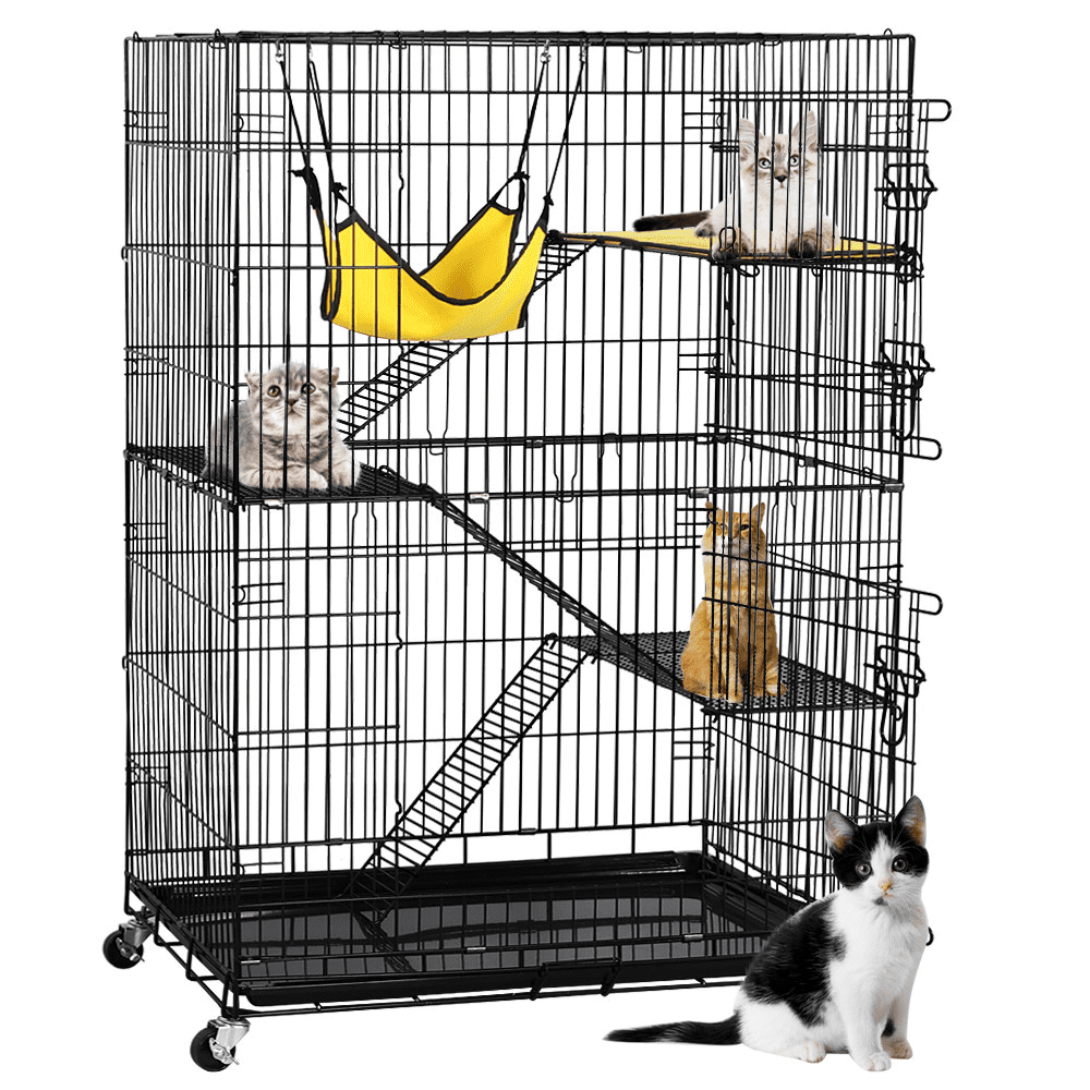 Easyfashion 4 Tiers Rolling Cat Cage Pet Cage with Hammock Black