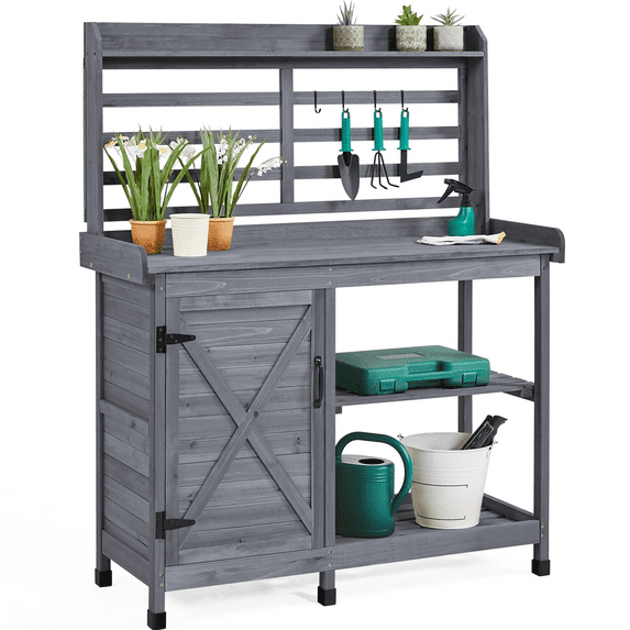 Renwick 4-layer Garden Potting Bench with Cabinet and Open Shelf,Gray