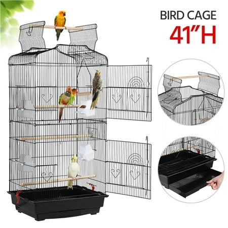 Easyfashion 41" Open Top Metal Bird Cage with Slide-Out Tray, Black
