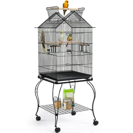 Renwick 57" Open Top Metal Parrot Cage with wheels, Black