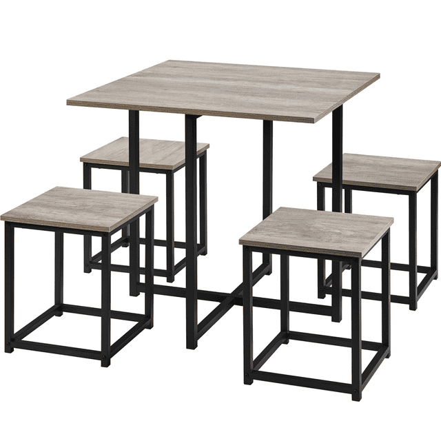 Easyfashion 5Pcs Dining Set with Industrial Square Table and 4 Backless Chairs, Gray