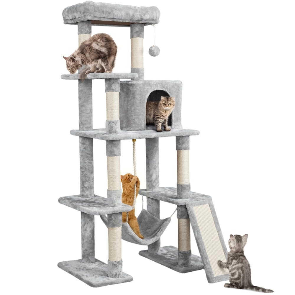 Renwick 63" Height Large Plush Cat Tree Condos with Hammock, Light Gray