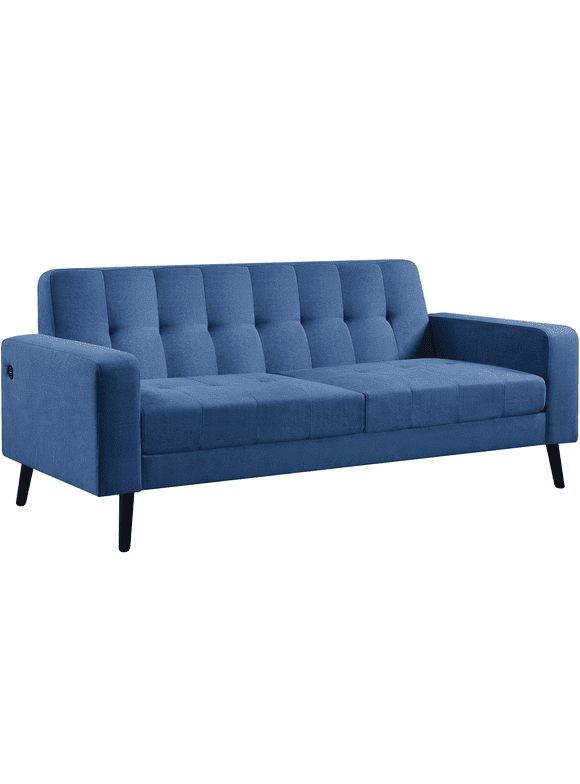 Easyfashion 65''W Mid-Century Modern Loveseat Sofa with USB Charging Ports,Blue