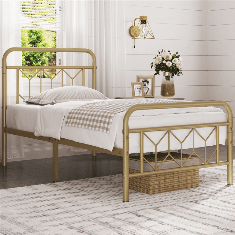 Easyfashion Aubrey Vintage Metal Platform Bed Twin Antique Gold