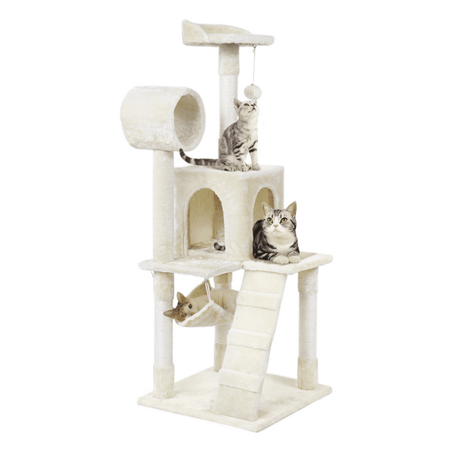 Easyfashion Cat Tree & Condo Scratching Post Tower, Beige, 52.2"