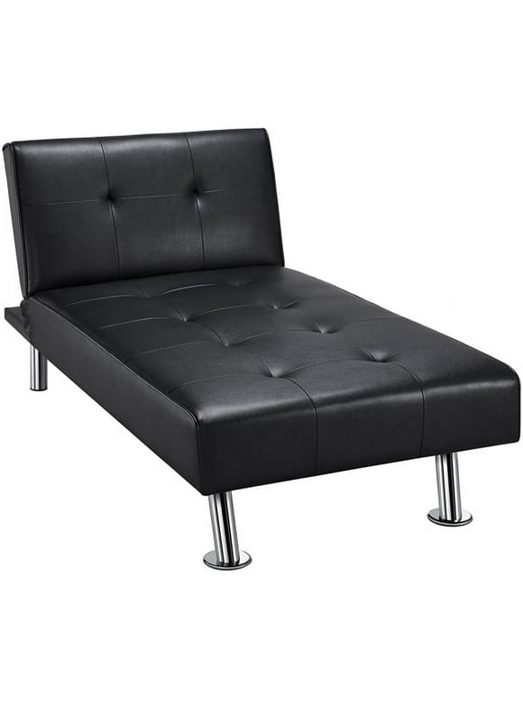 Easyfashion Convertible Faux Leather Futon Chaise Lounge, Black