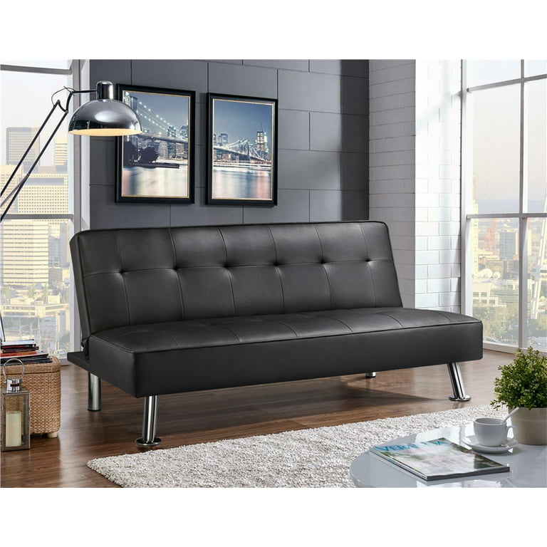 Easyfashion Convertible Faux Leather Futon Sofa Bed, Black