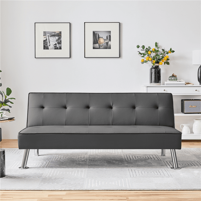 Easyfashion Convertible Faux Leather Futon Sofa Bed, Gray
