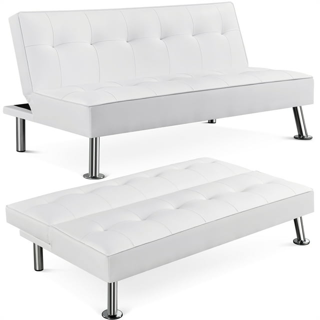 Easyfashion Convertible Faux Leather Futon Sofa Bed, White