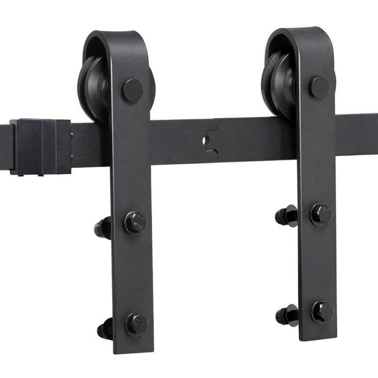 8 ft./96 in. Black Steel Bent Strap Sliding Barn Door Track and Hardware Kit for Single Door with Floor Guide 8 ft./96 in. Black Steel Bent Strap Sliding Barn Door Track and Hardware Kit for Single Door with Floor Guide