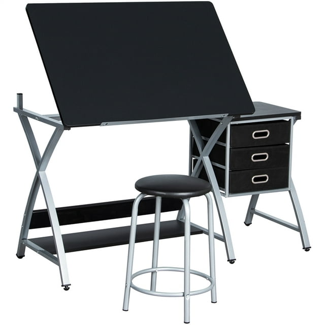 Easyfashion Folding and Adjustable Steel Drafting Table with Stool and Storage Drawers