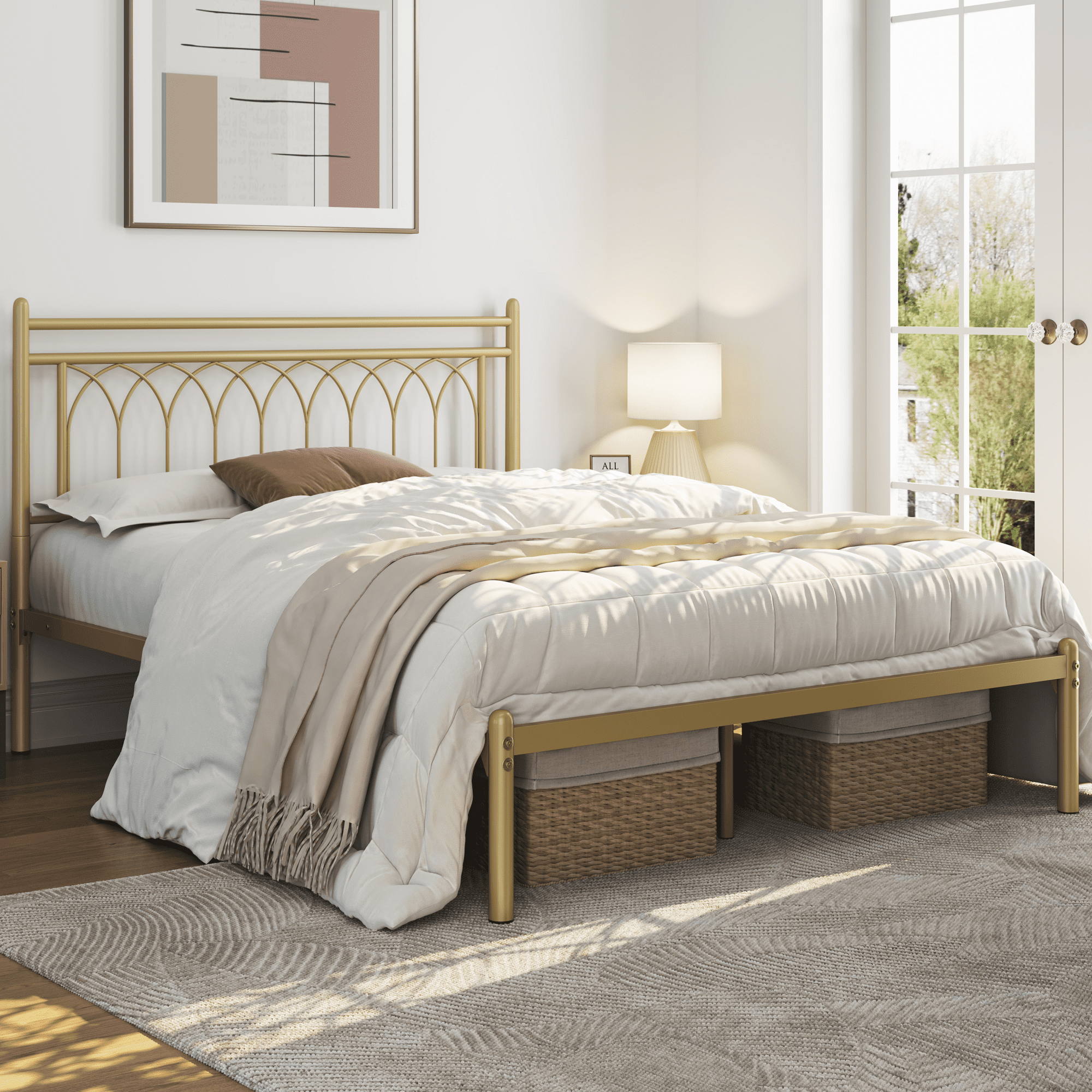 Renwick Jasmine Modern Metal Bed Frame with Petal Accented Headboard, Queen, Antique Gold