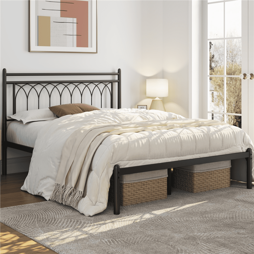 Renwick Jasmine Modern Metal Bed Frame with Petal Accented Headboard Queen Black
