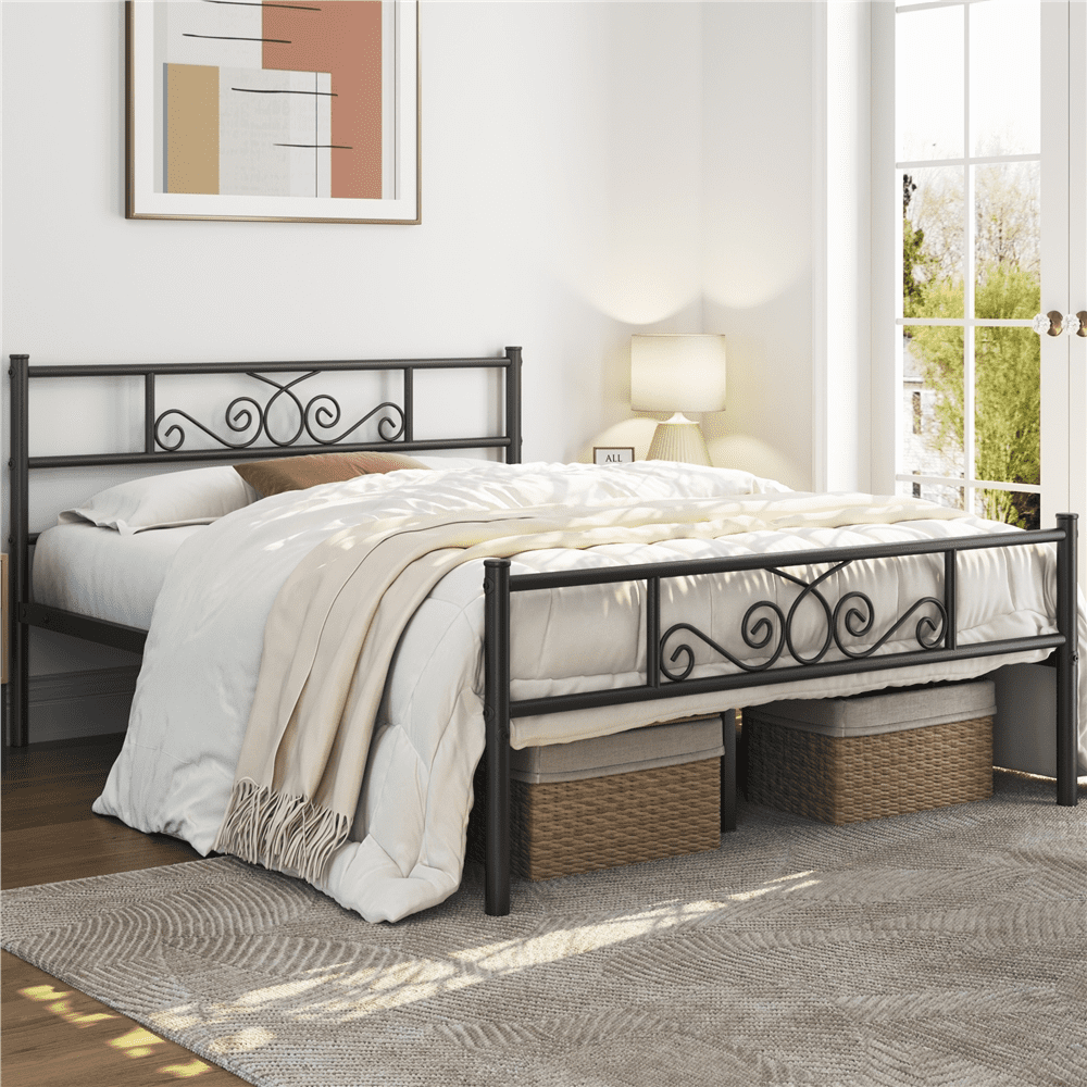 Easyfashion Jocelyn Modern Scroll Metal Platform Queen Bed, Black