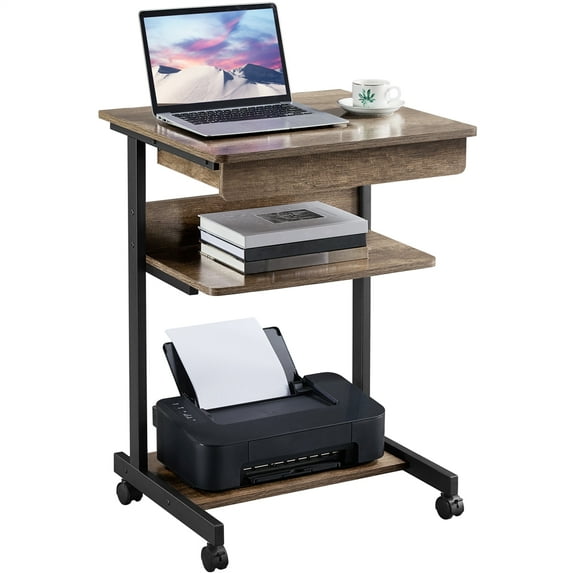 Easyfashion Laptop Desk Table Bedside Computer Table Student Desk with 1 Drawer and 2 Shelves, Taupe Wood