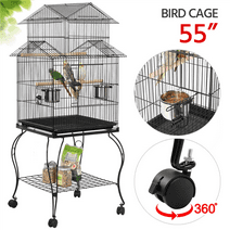 Easyfashion Large Metal Rolling Bird Cage Parrot Aviary Canary Pet Perch With Stand, Black