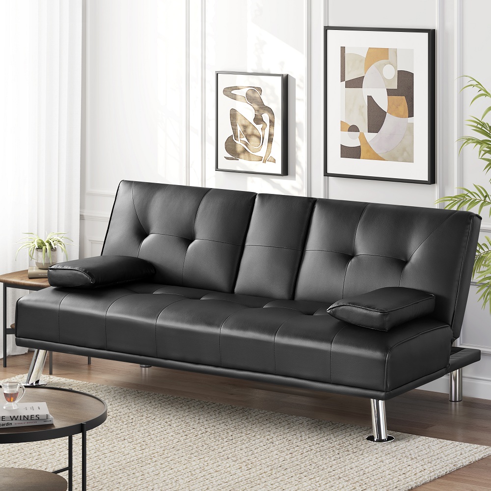 Easyfashion LuxuryGoods Modern Faux Leather Futon with Cupholders and Pillows, Black - image 1 of 15