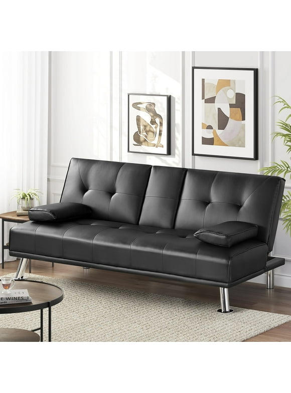 Easyfashion LuxuryGoods Modern Faux Leather Futon with Cupholders and Pillows, Black