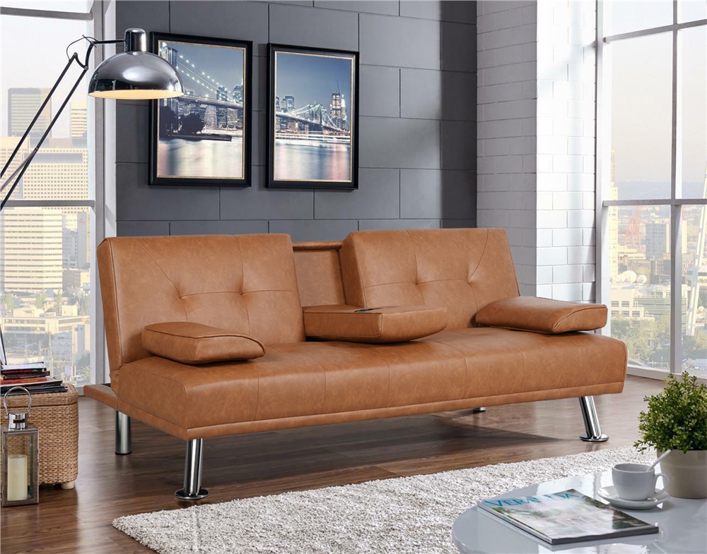 Easyfashion LuxuryGoods Modern Faux Leather Futon with Cupholders and Pillows, Brown - image 1 of 11