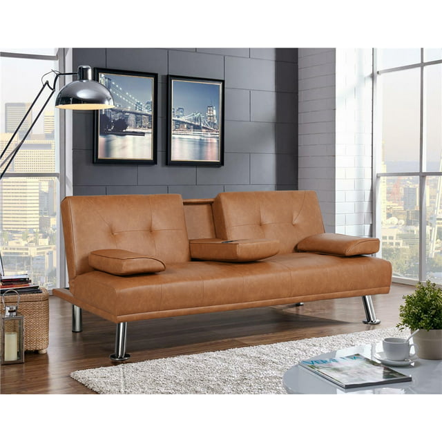 Easyfashion LuxuryGoods Modern Faux Leather Futon with Cupholders and Pillows, Brown