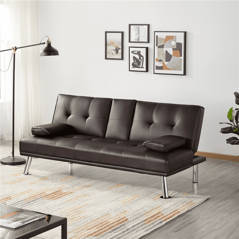 Renwick LuxuryGoods Modern Faux Leather Futon with Cupholders and Pillows, Espresso  (图1)