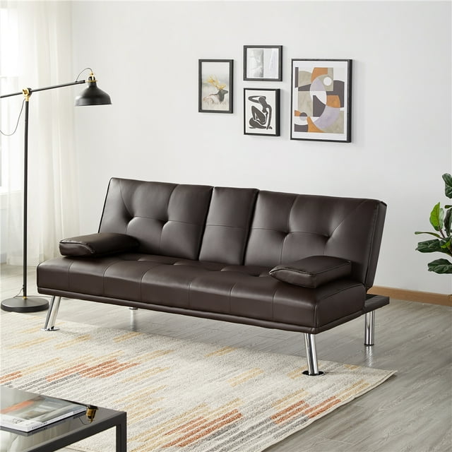 Easyfashion LuxuryGoods Modern Faux Leather Futon with Cupholders and