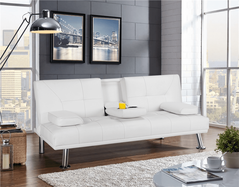 Renwick LuxuryGoods Modern Faux Leather Futon with Cupholders and Pillows, White  (图1)