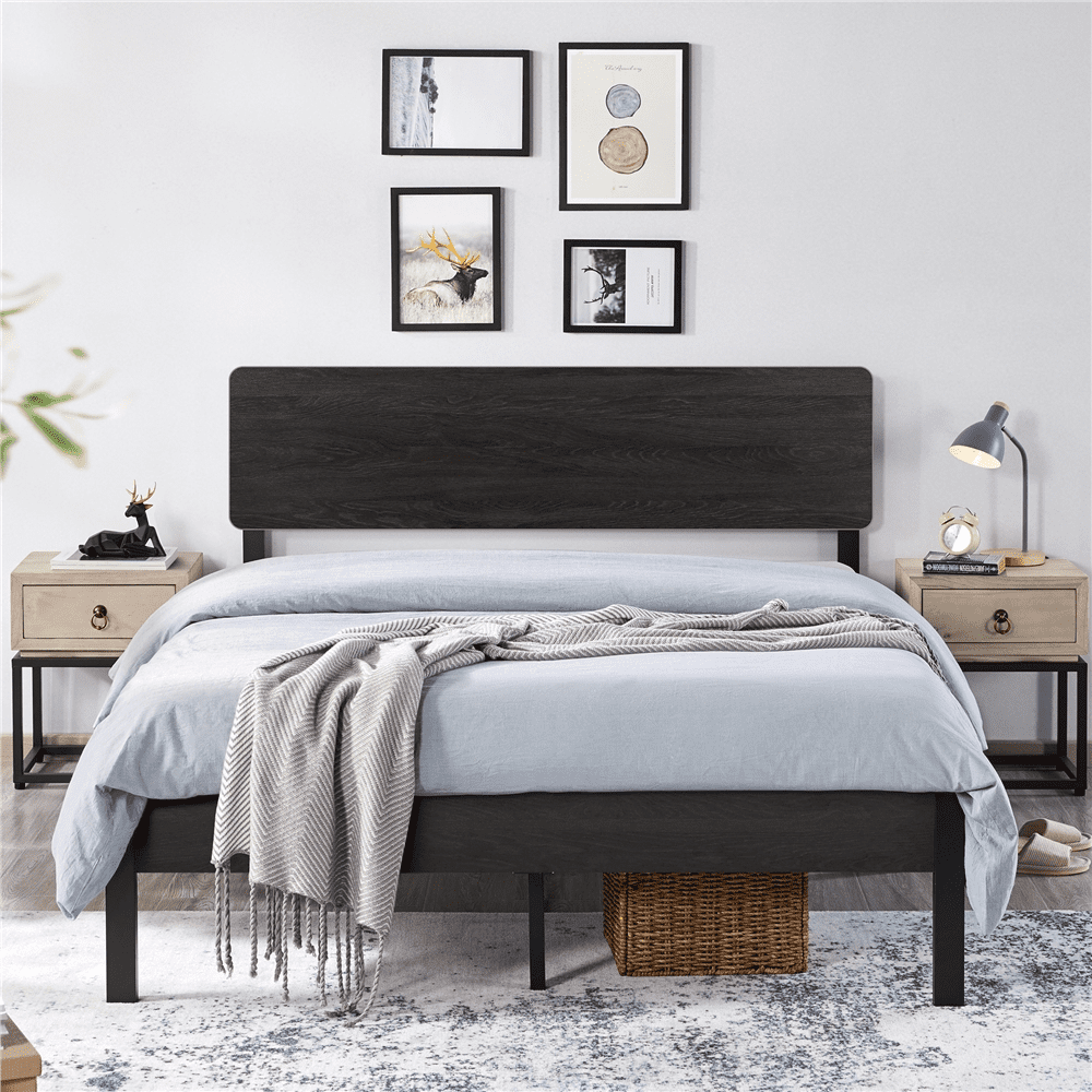 Easyfashion Metal Bed Frame with Wooden Headboard, Black Oak, Queen