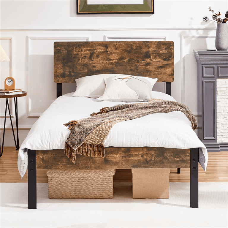 Easyfashion Metal Bed Frame with Wooden Headboard Rustic Brown Twin