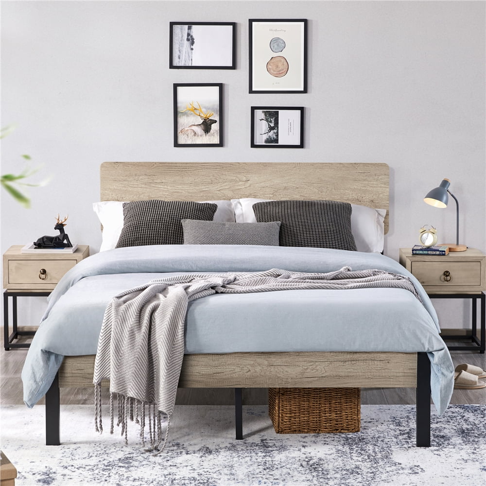 Easyfashion Metal Bed Frame with Wooden Headboard, Rustic Gray, Queen