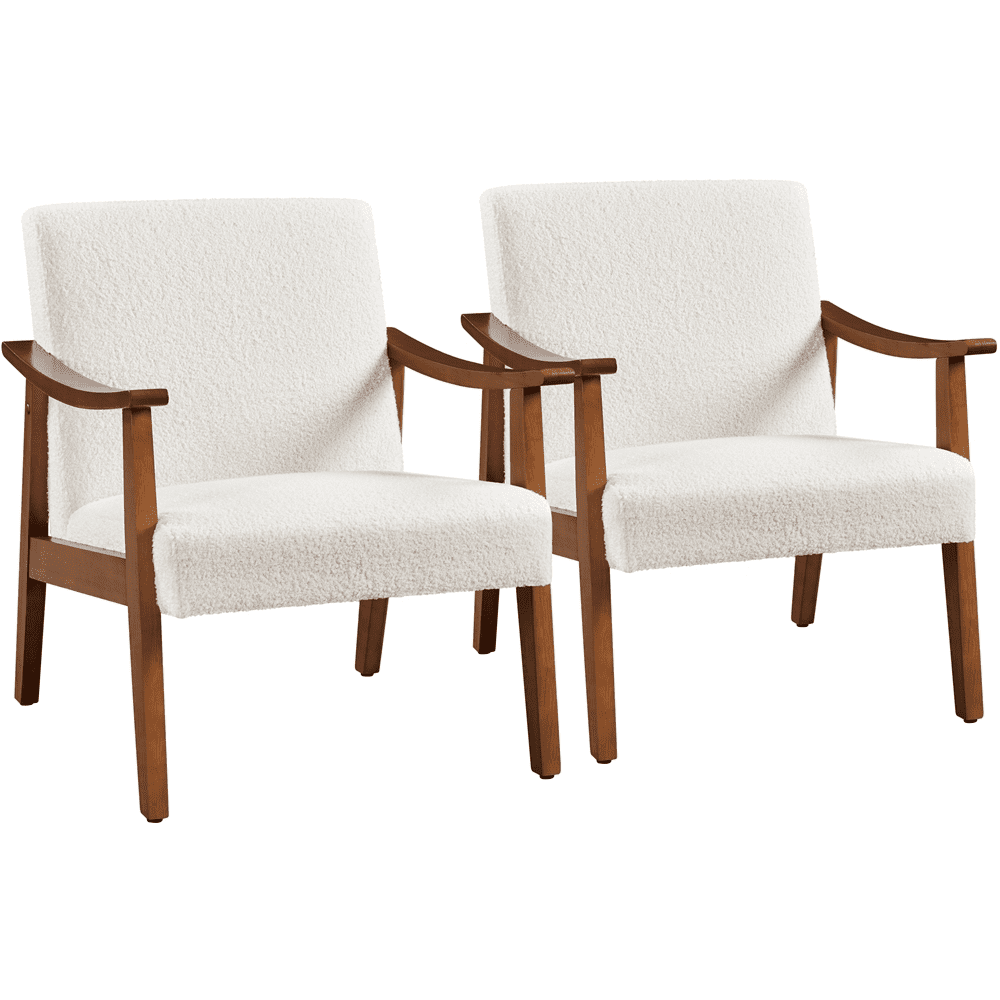 Ivory Boucle Fabric Armchair with Brown Wood Legs, Set of 2
