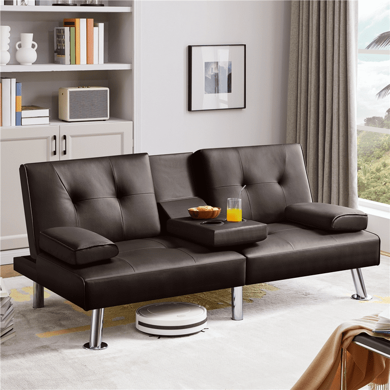 Renwick Modern Faux Leather Futon Sofa Bed Convertible Folding Couch with Cup Holders Espresso