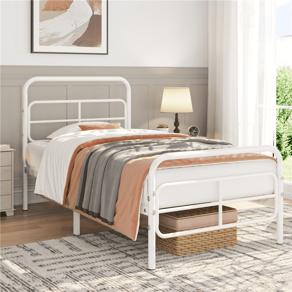 Renwick Modern Geometric Patterned Metal Bed, Twin XL,White