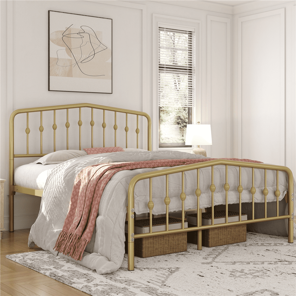 Renwick Modern Metal Platform Bed with Arched Headboard and Footboard Queen Antique Gold