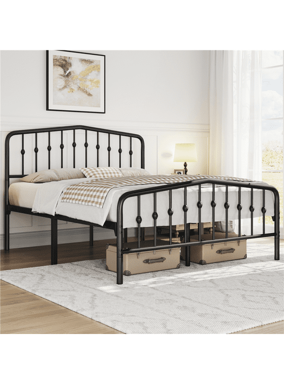 Easyfashion Modern Metal Platform Bed with Arched Headboard and Footboard, Queen, Black