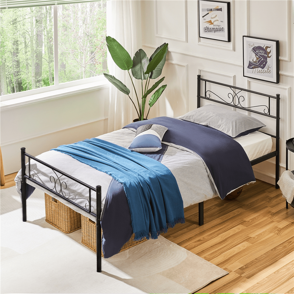 Easyfashion Jocelyn Modern Scroll Metal Platform Twin XL Bed ,Black