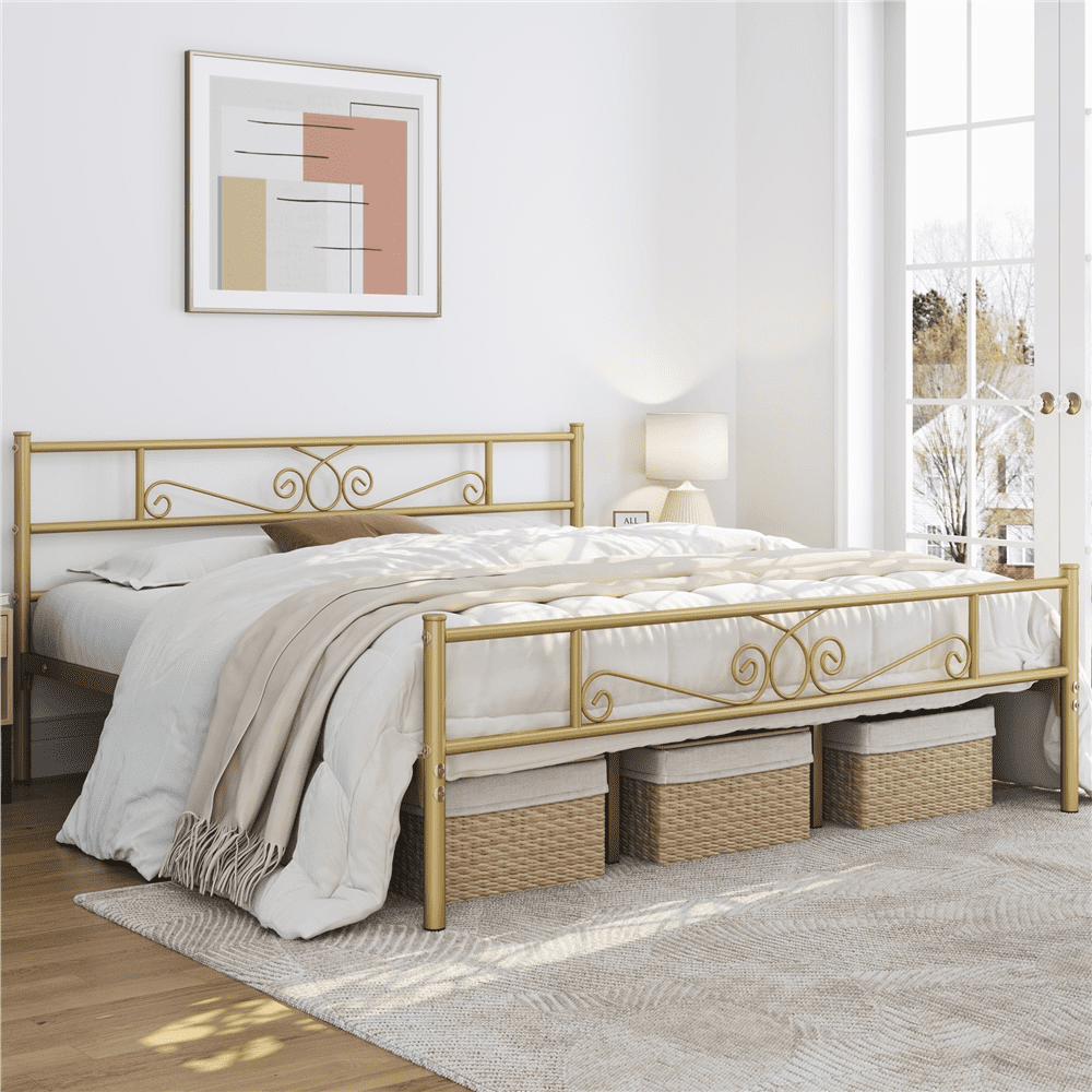 Easyfashion Modern Scroll Metal Platform Bed, King,Antique Gold