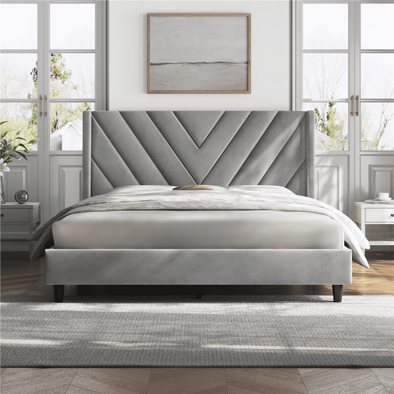 Renwick Modern Upholstered Platform Queen Bed with Slat Support Light Gray