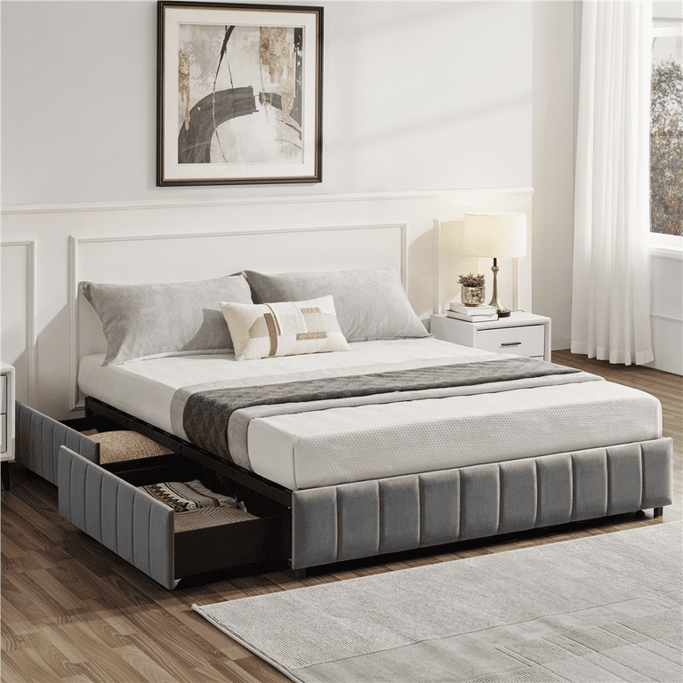  Queen Bed Frame with 4 Storage Drawers, Upholstered