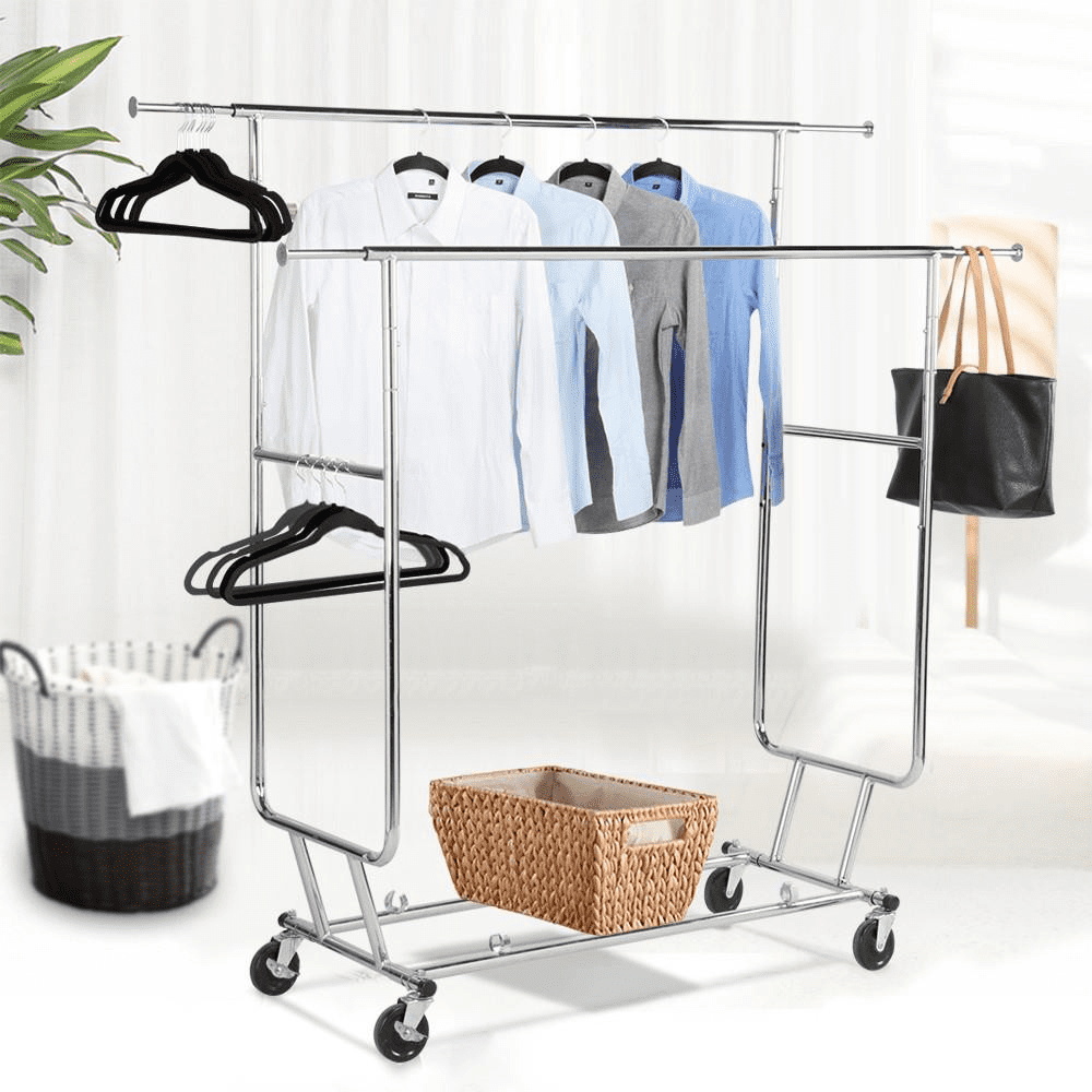 Easyfashion Rolling Collapsible Double Rail Garment Rack, Metal, Silver