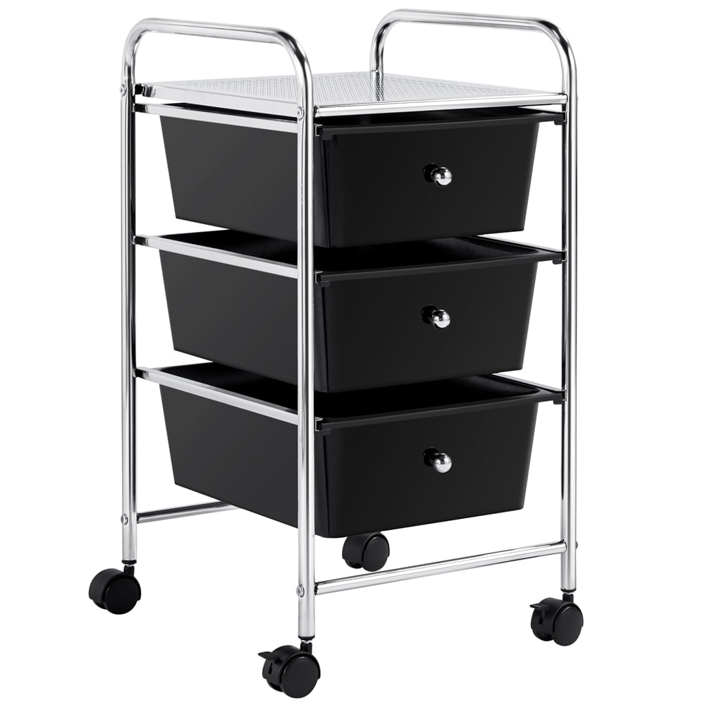 Easyfashion Rolling Storage Trolley Storage Cart Bin with 3 Plastic Drawers on Wheels, Black