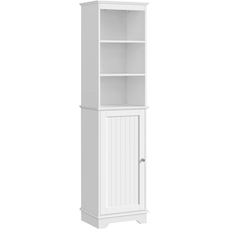Easyfashion Tall Slim Storage Cabinet with Single Door and Open Shelves for  Home Small Space, White 