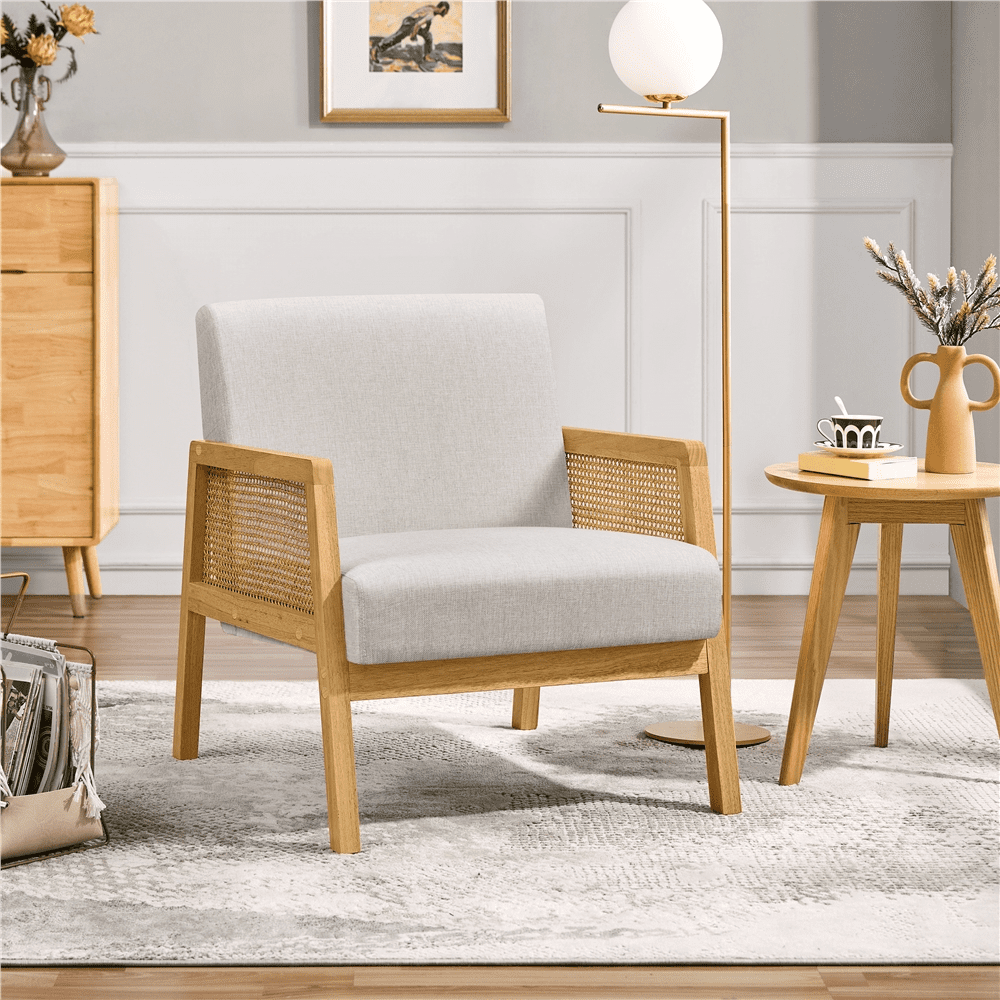 Renwick Fabric Upholstered Accent Chair with Rattan Sides for Living Rooms,Beige