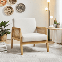 Easyfashion Upholstered Accent Chair with Rattan Sides for Living Rooms,Beige