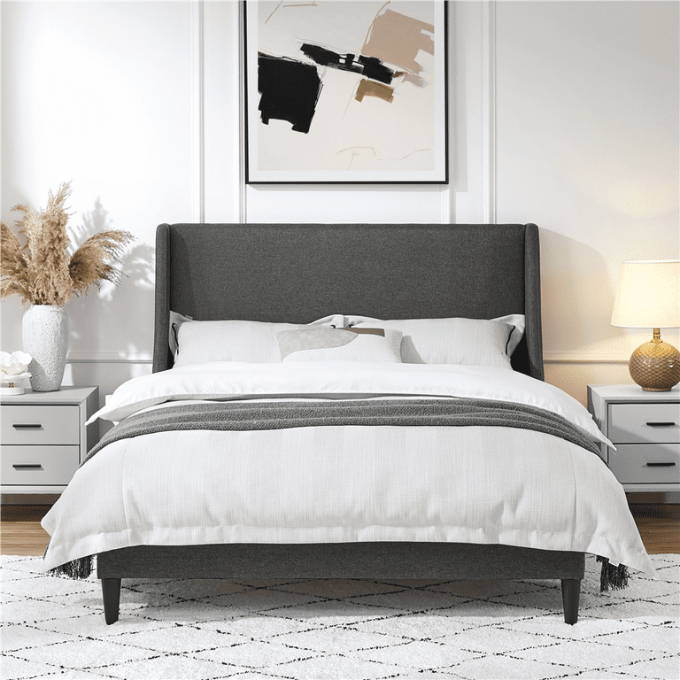 Easyfashion Upholstered Platform Bed Frame with Wingback Headboard