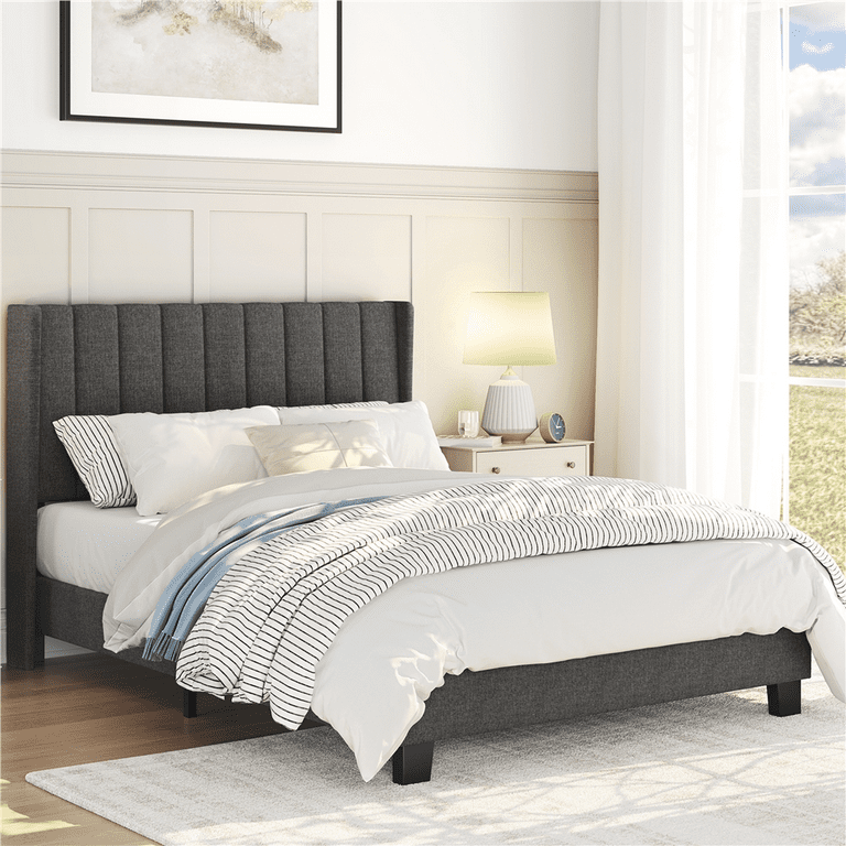 Easyfashion Wingback Bed with Wooden Support Slats with Tufted