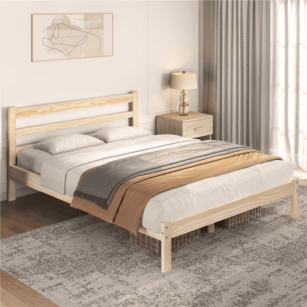 Easyfashion Wooden Platform Bed Frame with Paneled Headboard,Queen,Wood