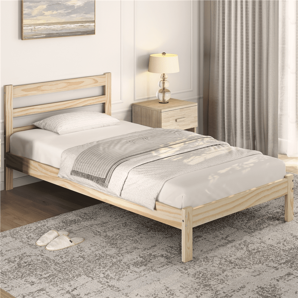 Easyfashion Wooden Platform Bed Frame with Paneled Headboard,Twin,Wood