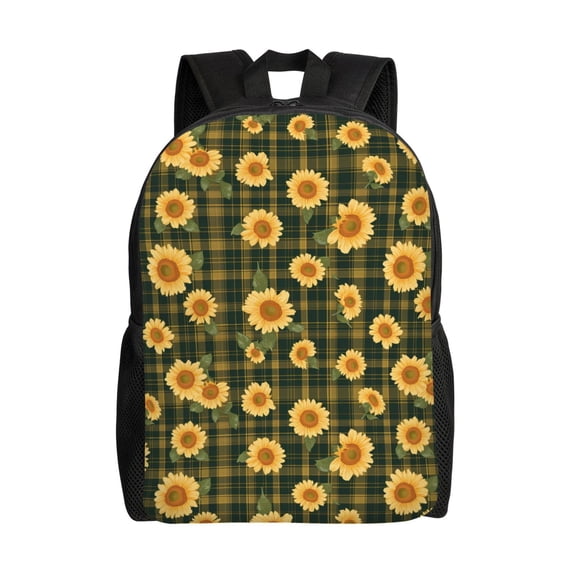 Easygd Black Ink Green Plaid Sunflower Versatile and Stylish Backpack: Comfort, Storage, and Durability for College,Work, Travel, and Everyday Use